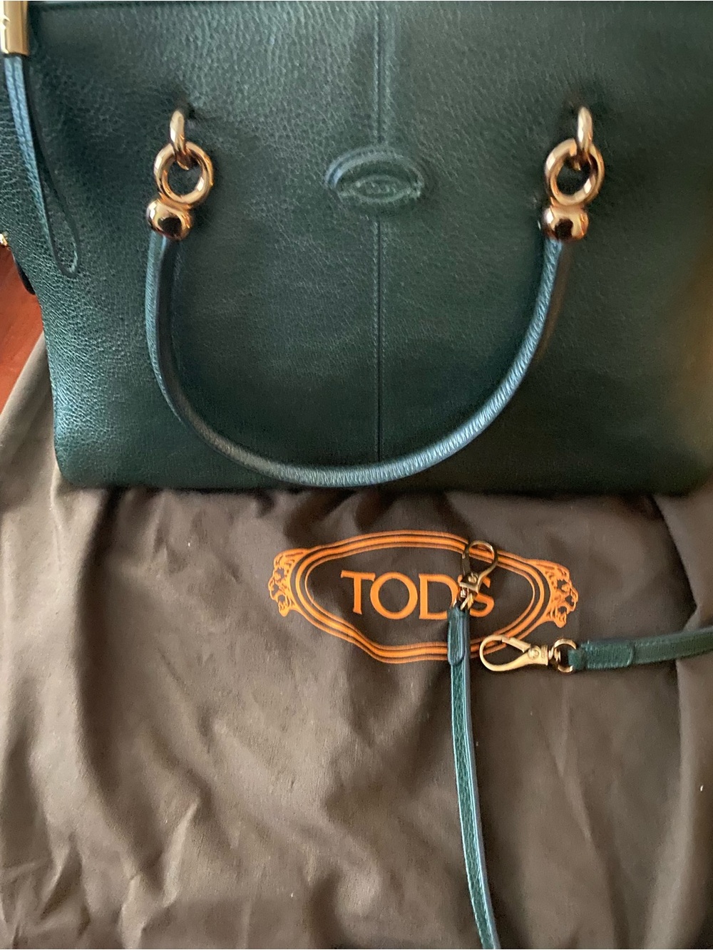 Tod's Forest Green Leather Tote with Gold Hardware Authentic